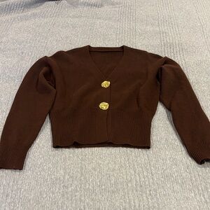 Commense Brown V-Neck Cropped Cardigan with Gold Buttons